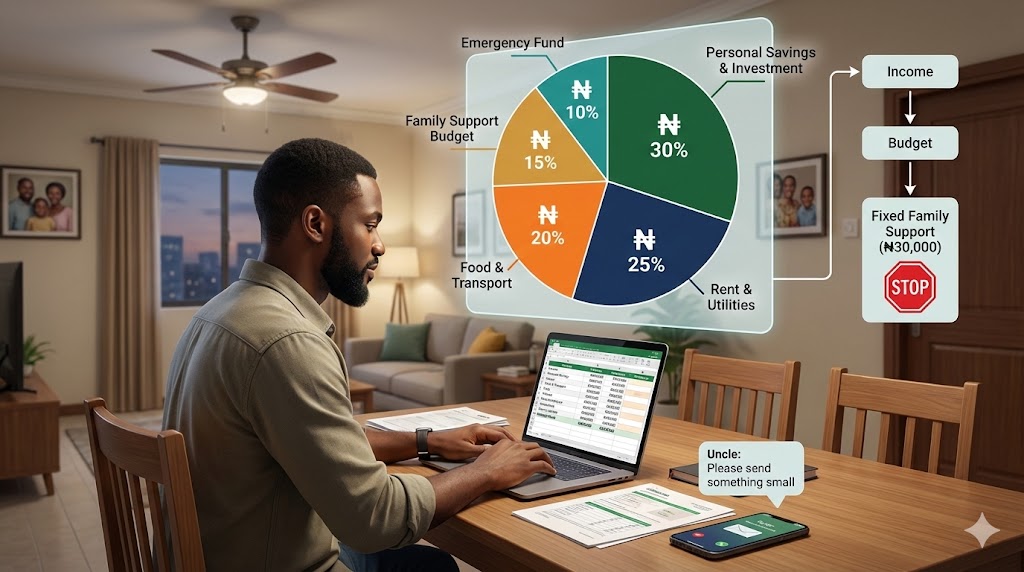 Nigerian young adult managing finances with visual representation of income allocation showing boundaries between personal needs and family support