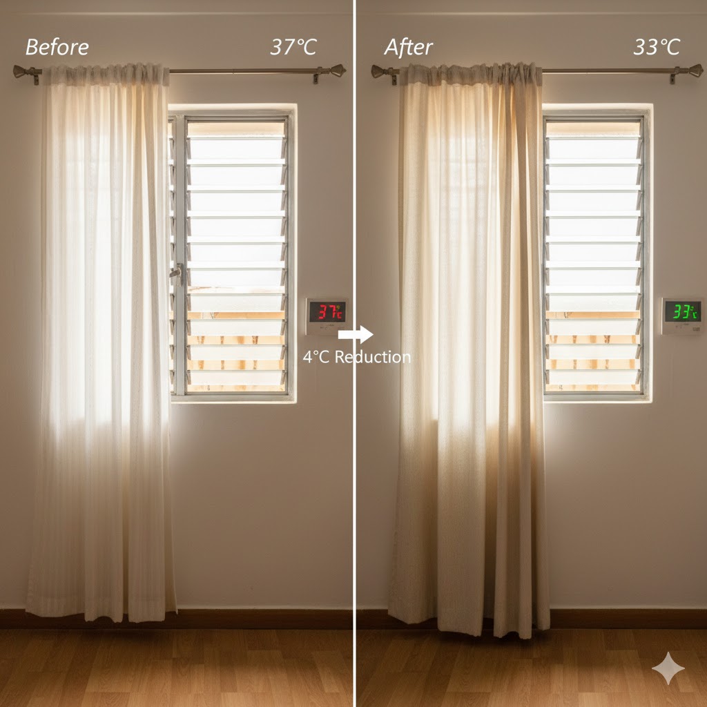 West-facing window in Nigerian home with thick light-colored thermal curtains drawn closed during afternoon to block solar heat gain