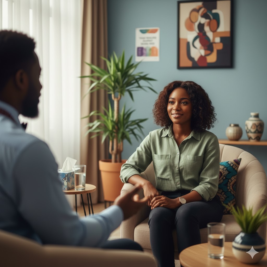 Compassionate scene of young Nigerian person in supportive therapy or counseling session, representing accessible mental health resources through MANI and She Writes Woman organizations