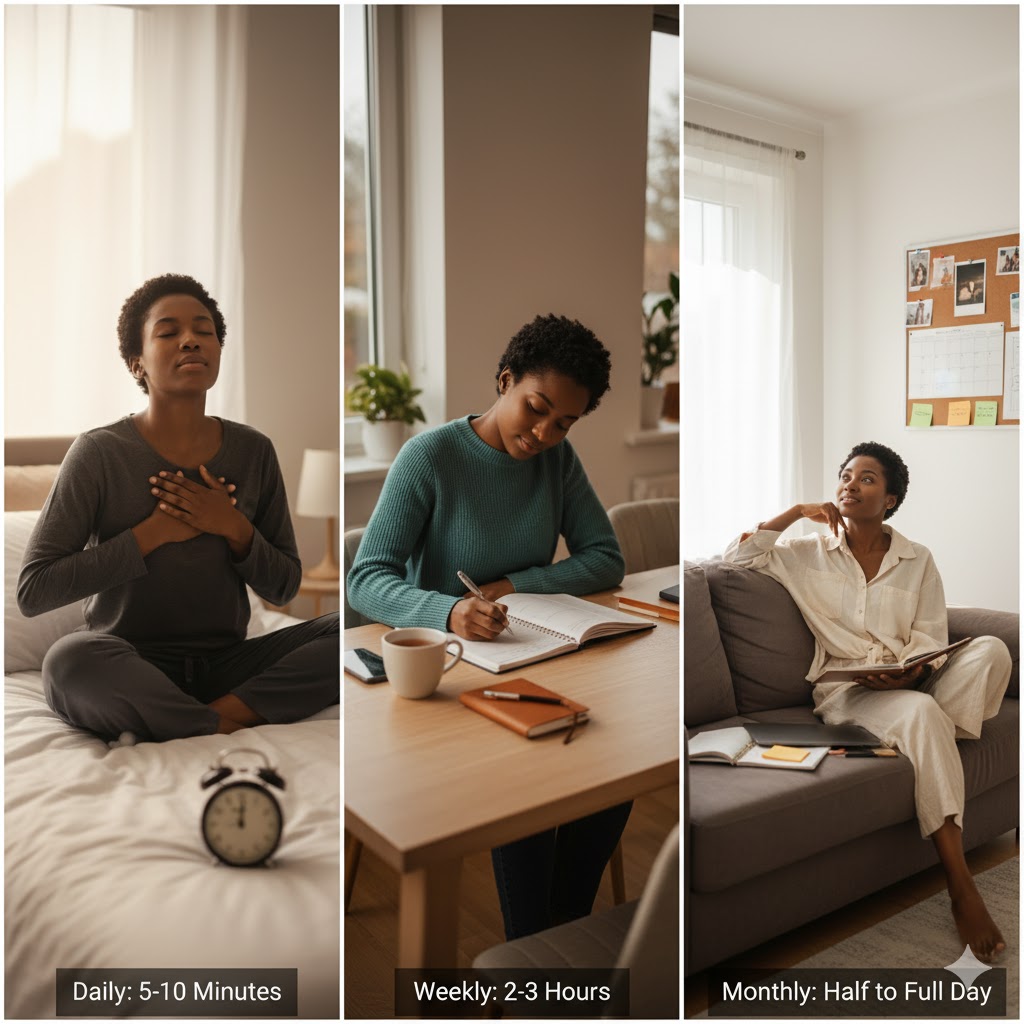 Three-panel comparison showing Nigerian professional doing 5-minute daily reset, 2-hour weekly reset, and full-day monthly reset routine activities