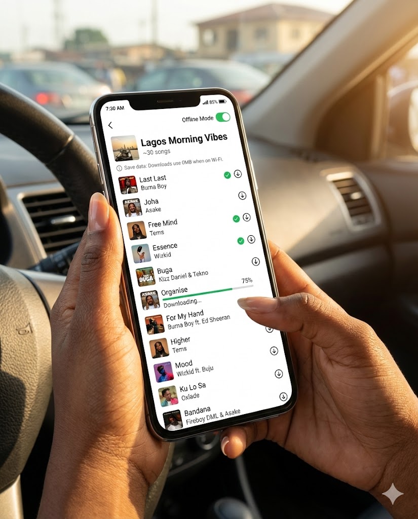 Smartphone displaying music streaming app with offline download feature for Nigerian commuters to save data during Lagos traffic