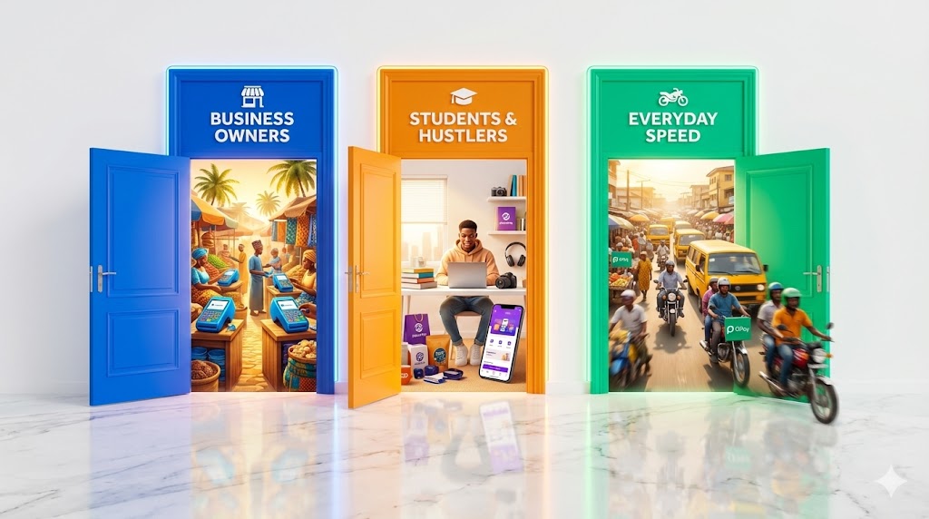 Three doors labeled for different user types—Business Owner, Student, and Everyday User—each leading to a different fintech app recommendation