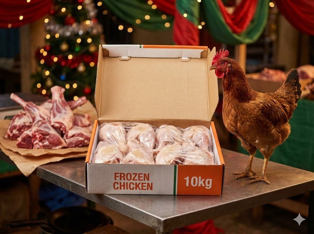 Nigerian Christmas food shopping scene showing frozen chicken cartons, a live chicken, and a goat representing holiday protein options at Lagos markets