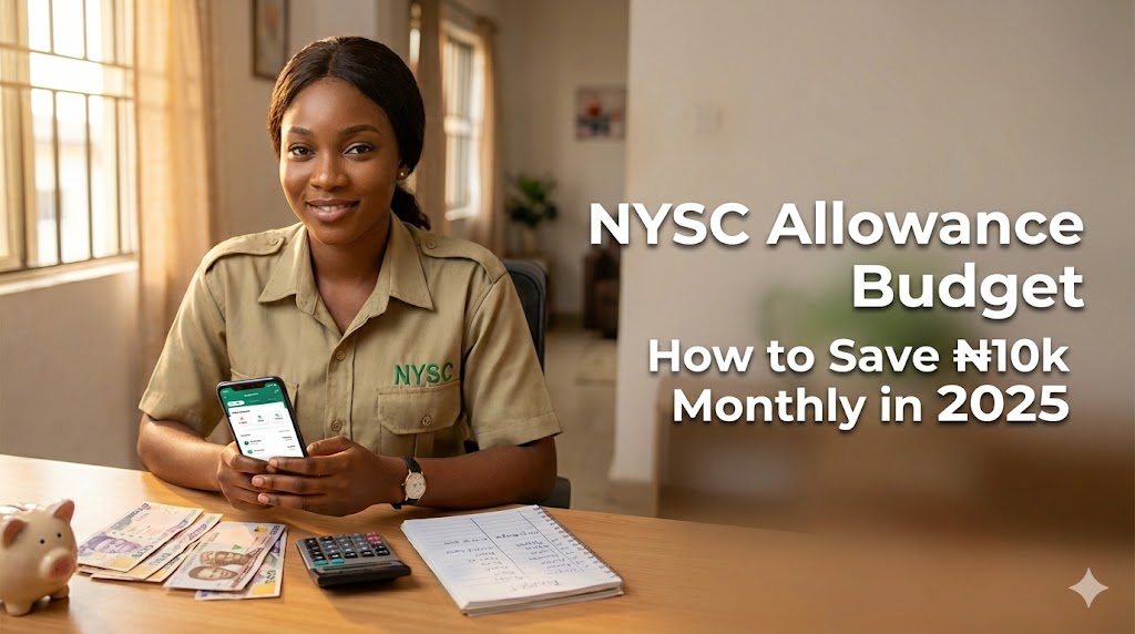 Young Nigerian corps member in NYSC uniform reviewing budget on smartphone with naira notes and calculator on table