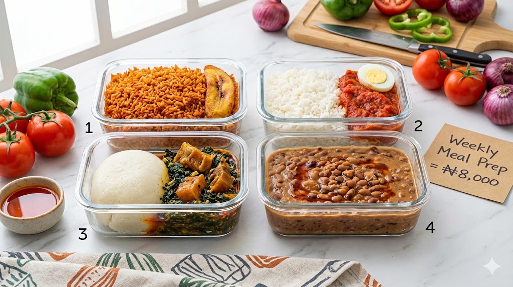 Affordable Nigerian meal prep containers with jollof rice, stew, and vegetables showing budget-friendly cooking for NYSC corps members