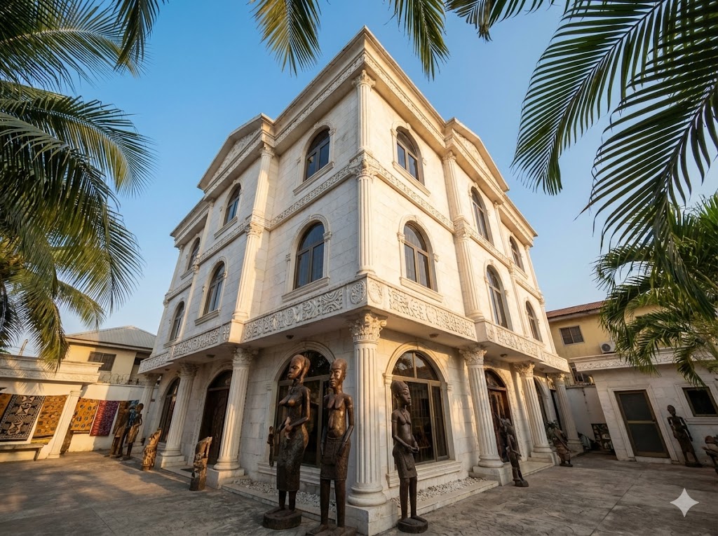 Nike Art Gallery four-story white stone building in Lekki Lagos featuring intricate carved architectural details, arched windows, and traditional Nigerian art motifs in the courtyard