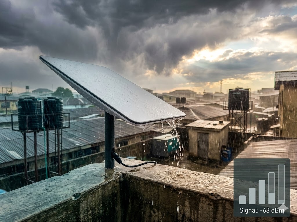 Starlink dish mounted on Nigerian rooftop during heavy tropical rainstorm with signal strength meter overlay showing degraded performance